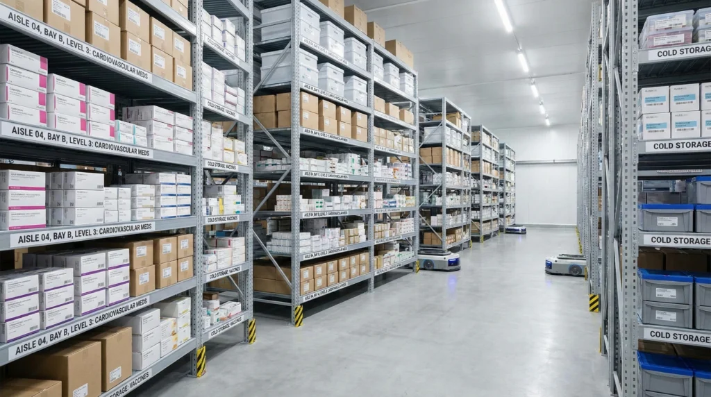 Pharmaceutical distribution warehouse with organized medicine storage
